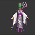 Ancient Mage Character with Mythical Creature Staff and Elegant Robe Intricate Patterns