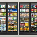 Black Upright Glass Door Freezers Neatly Stocked With Beverages And Food Items