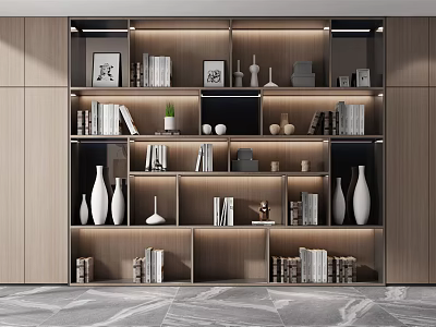 Modern Minimalist Bookcase Design With Layered Compartments Books Decorative Vases And Framed Art 3d model