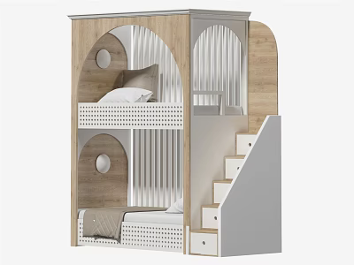 Modern Wooden Bunk Bed With Arched Design Staircase Drawers And Storage Functionality 3d model