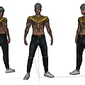 Game Movie Character Gray Hair Ornamental Chest Tattoos Black Pants White Shoes Three Angles View