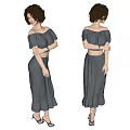 Woman In Gray Off Shoulder Top Long Layered Skirt With Bracelet Side And Back Views