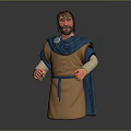 3D Character Model With Medieval Brown Robe Blue Cloak Brown Hair Beard And White Cuffs