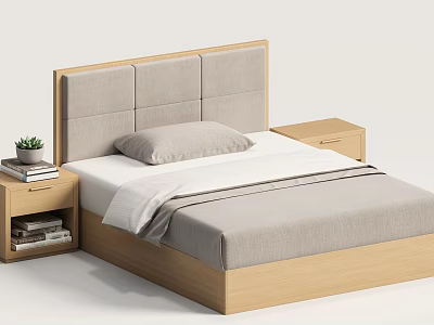 Modern Minimalist Double Bed With Upholstered Headboard Wooden Frame Nightstands Potted Plant And Books 3d model