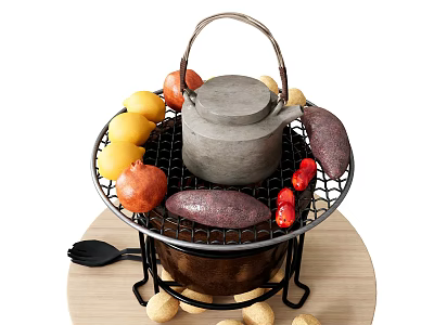 Assorted Grilled Foods With Sweet Potatoes Lemons Chilies Peanuts On Round Metal Grill And Tongs 3d model