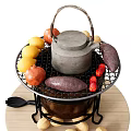 Assorted Grilled Foods With Sweet Potatoes Lemons Chilies Peanuts On Round Metal Grill And Tongs