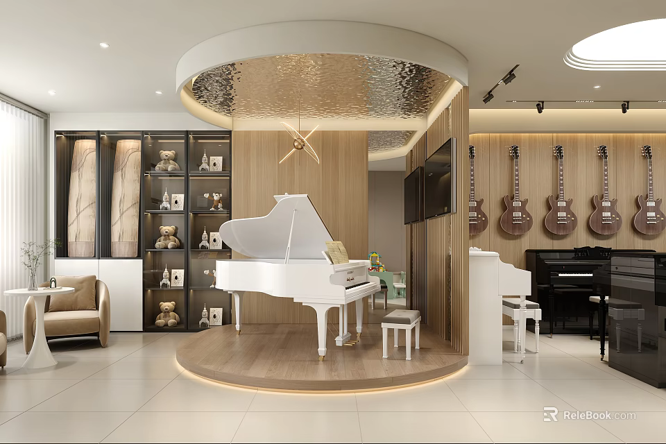 Musical Instrument Store Featuring White Piano Guitars And Modern Wooden Display Interior Design 3d model 