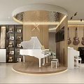 Musical Instrument Store Featuring White Piano Guitars And Modern Wooden Display Interior Design