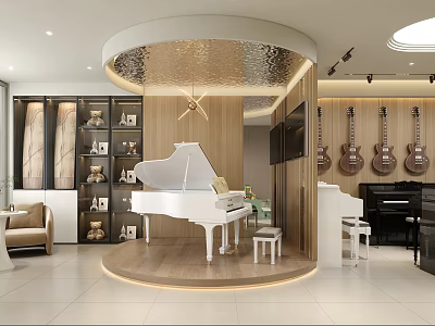 Musical Instrument Store Featuring White Piano Guitars And Modern Wooden Display Interior Design 3d model