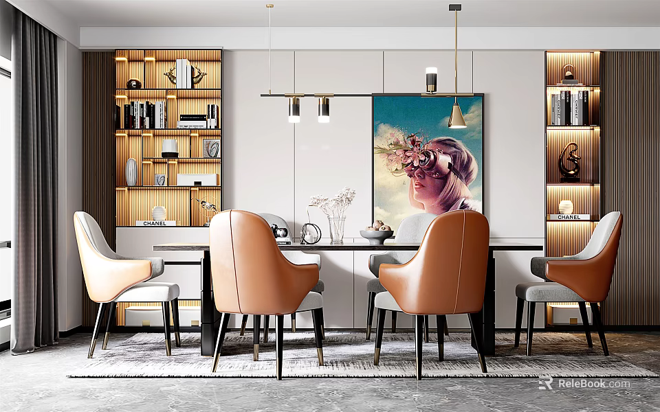 Modern Restaurant Interior Design With Dining Table Chairs Artwork And Pendant Lights 3d model