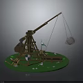 Wooden Medieval Trebuchet With Projectile Arm Flags Shield And Circular Base 3d model