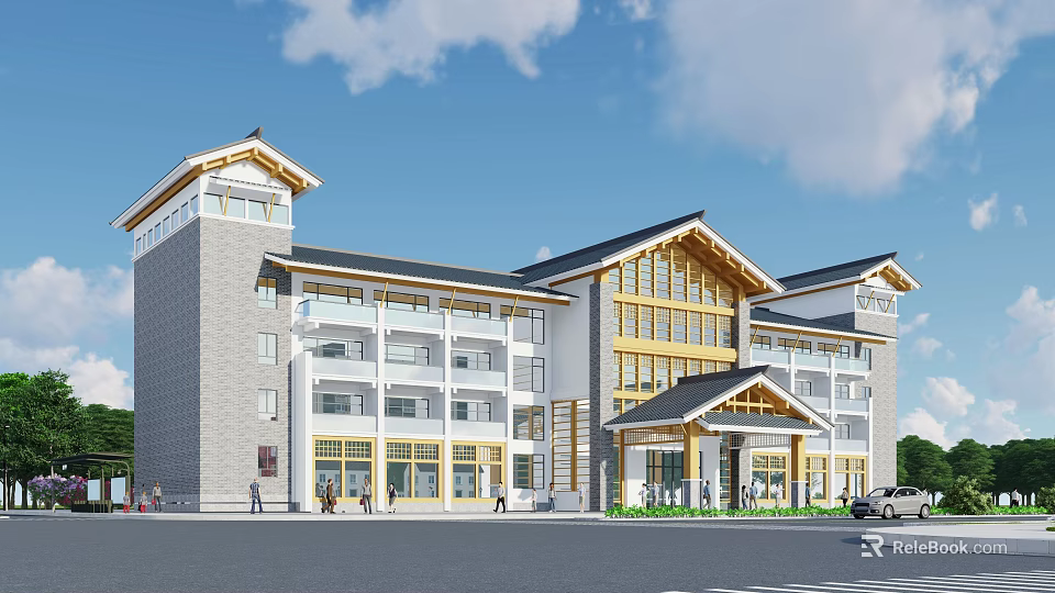 Modern Office Building With Traditional Chinese Roof Gray Yellow Exterior And Grand Entrance 3d model 