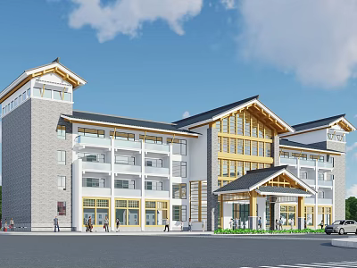 Modern Office Building With Traditional Chinese Roof Gray Yellow Exterior And Grand Entrance 3d model