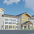 Modern Office Building With Traditional Chinese Roof Gray Yellow Exterior And Grand Entrance