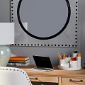 Rustic Wooden Desk With White Chair Round Mirror Bookshelves Books And Baskets