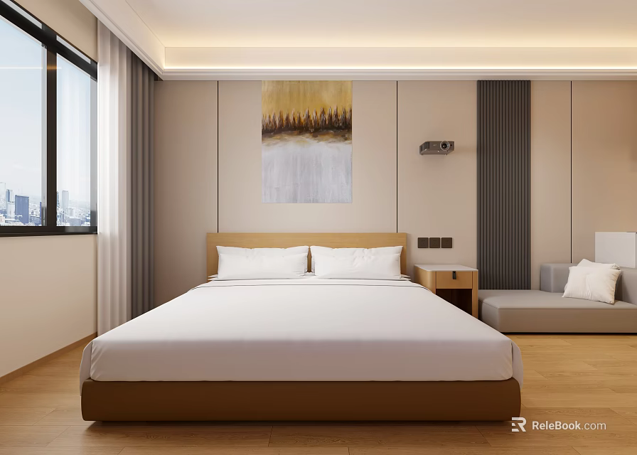 Bright Cozy Modern Hotel Guest Room With King Size Bed And City View Window 3d model 