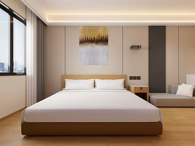 Bright Cozy Modern Hotel Guest Room With King Size Bed And City View Window 3d model
