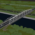 Modern Steel Structure Bridge Spanning River With Lush Greenery Roads And Flying Birds