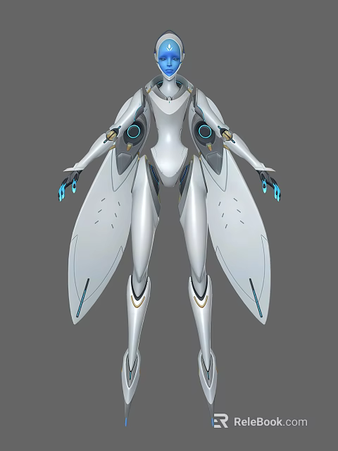 Futuristic Silver Woman With Mechanical Wing Like Parts And Blue Glowing Elements 3d model 