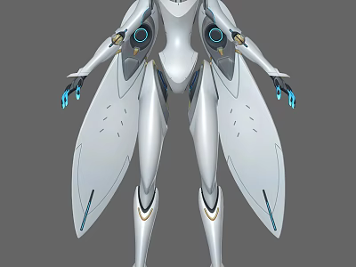 Futuristic Silver Woman With Mechanical Wing Like Parts And Blue Glowing Elements 3d model
