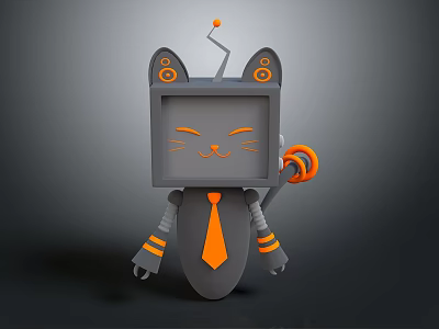 Cartoon Robot Cat With Gray Body Orange Antenna Smiling Face And Orange Tie 3d model