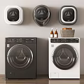 Black and White Washing Machines in Modern Laundry Room with Wall-Mounted Devices and Basket
