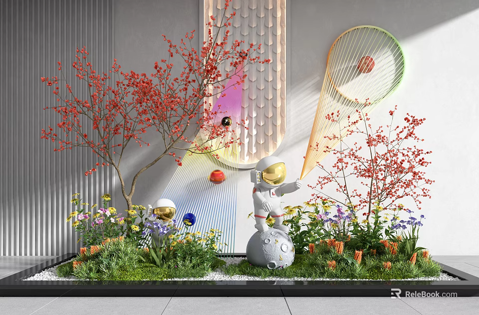 Vibrant Indoor Landscape With Red Flowering Trees Astronaut Sculptures Green Plants And Colorful Decorations 3d model 