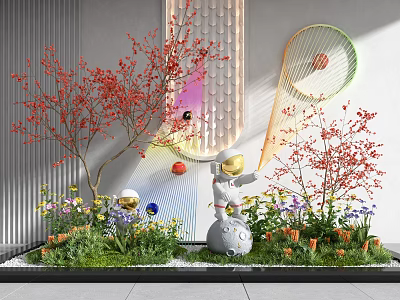 Vibrant Indoor Landscape With Red Flowering Trees Astronaut Sculptures Green Plants And Colorful Decorations 3d model