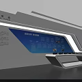 Modern Exhibition Booth Interior With Large Screen Airplane Image Blue Displays And White Seats
