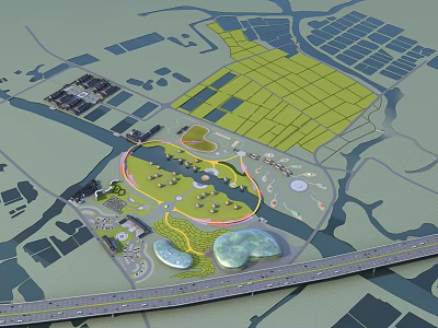 Birds Eye View Planning with Green Areas Water Features Road Networks and Buildings 3d model