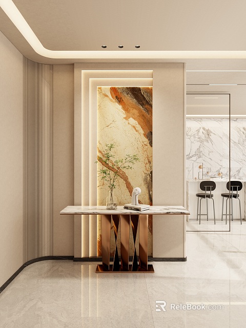 Modern Entryway Interior With Illuminated Marble Wall Console Table And Plant Decor 3d model 