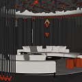 Elegant Modern Club Interior With Wooden Screen Round Sofa Red Stools Chandelier And Warm Lighting