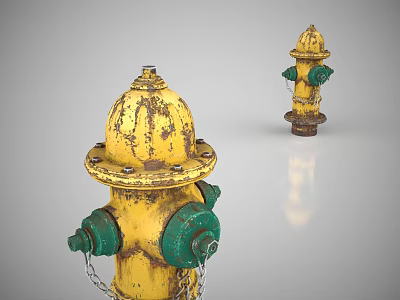 Two Yellow And Green Rusted Fire Hydrants With Chains On Gray Surface 3d model