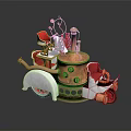 Ornamental Decorative Set with Copper and White Design Red Seats Vintage Wheels for Home Decoration