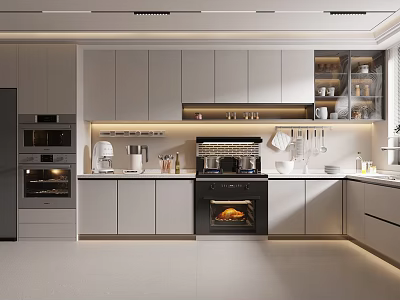 Modern Kitchen Interior With White Cabinets Black Oven Coffee Machine And Open Shelves 3d model