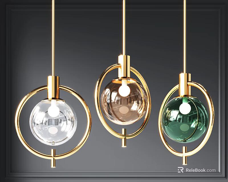 Modern Pendant Lights with Golden Circular Frames and Spherical Transparent Brown Green Shades 3d model 