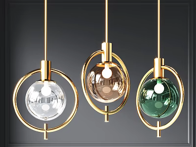 Modern Pendant Lights with Golden Circular Frames and Spherical Transparent Brown Green Shades 3d model