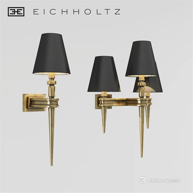 Elegant Modern Wall Lamps With Black Shades And Golden Metal Brackets 3d model 