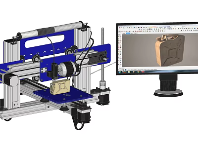 Office Appliance 3D Printer With Computer Monitor Showing 3D Model Design In Workspace 3d model