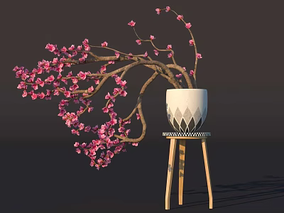 Pink Flowering Branches in White Vase with Geometric Pattern on Wooden Stand 3d model