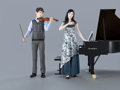 Two Musicians Playing Violin And Grand Piano In A Duet Performance 3d model