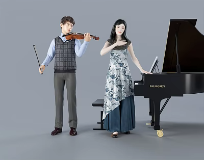 Two Musicians Playing Violin And Grand Piano In A Duet Performance 3d model Two Musicians Playing Violin And Grand Piano In A Duet Performance 3d model