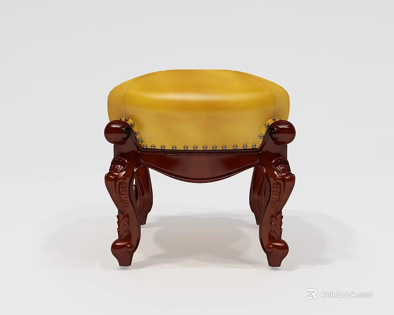 Classic Wooden Stool with Yellow Padded Seat and Carved Legs Rivet Details 3d model 