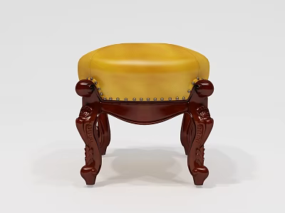 Classic Wooden Stool with Yellow Padded Seat and Carved Legs Rivet Details 3d model
