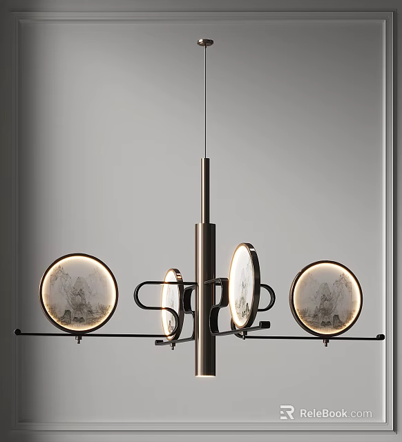 Modern Chandelier with Circular Textured Shades and Sleek Metal Frame Design for Contemporary Interior Spaces 3d model 