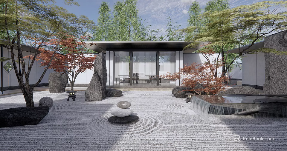 Natural Rockery Stones in Japanese Zen Garden with Circular Patterns Maple Trees and Water Feature 3d model 