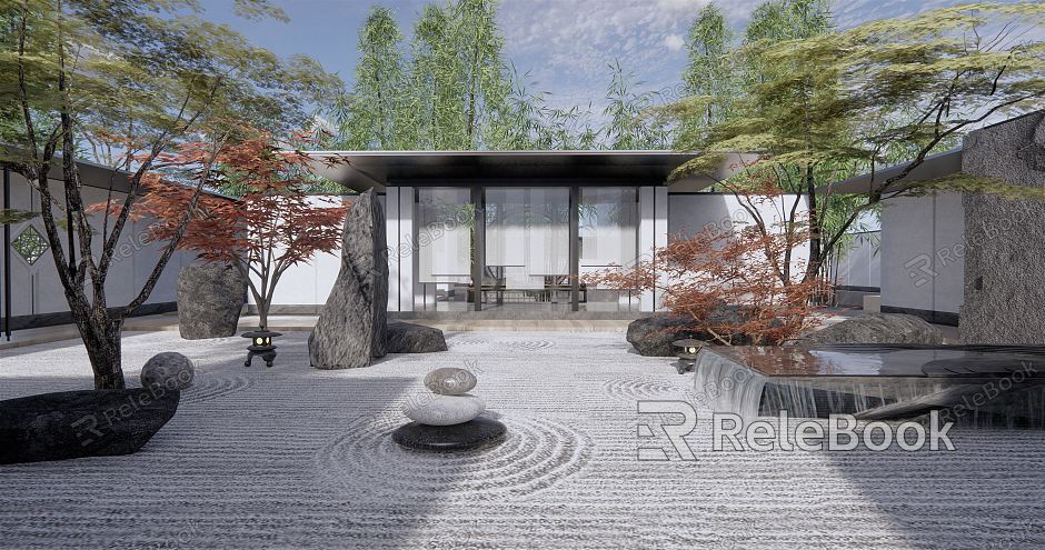 New Chinese Style Courtyard Dry Landscape Courtyard Landscape Demonstration Area Landscape Flowing Water Wall Stone Rock Mountain Pavilion Landscape Tree Water Bowl model