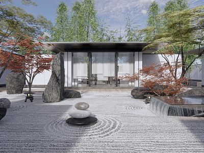 New Chinese Style Courtyard Dry Landscape Courtyard Landscape Demonstration Area Landscape Flowing Water Wall Stone Rock Mountain Pavilion Landscape Tree Water Bowl model