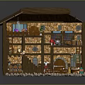 Cartoon Style House Interior With Brick Walls Wooden Staircase Tables Chairs Bookshelves Plants And Barrels