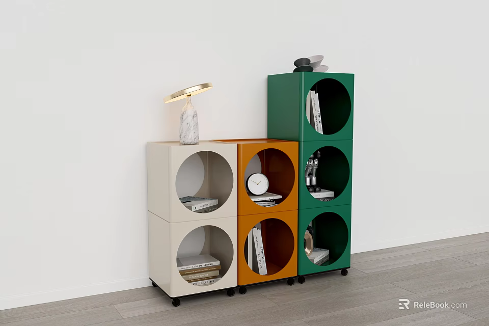 Modern Multicolored Bookshelves With Circular Compartments And Lamp On Beige Unit 3d model 